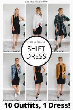 How to wear a shift dress - here are 10 different ways to wear a simple black dress. Work wear, date night, casual, and more! Tips for styling this basic outfit. How To Wear 1 Dress 10 Ways, Busi Ess Casual Outfit, Ways To Wear A Dress In Winter, Casual Tshirt Dress Outfits, Black Dress With Jean Shirt, Straight Black Dress Outfit, Sleeveless Dress Styling, How To Style A Black T Shirt Dress, Black Shift Dress Outfit Winter