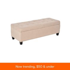 a beige bench with the words now trending, $ 50 & under