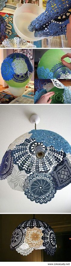 several pictures of different shades of blue, green and white fabric hanging from the ceiling