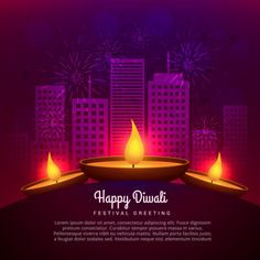 happy diwali festival greeting card with lit candles and cityscape in the background