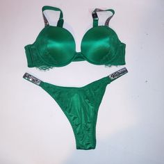 Victoria Secret Bra Set Push Up Xl Panty Shine Strap Green Lace Brazilian Rhinestone Bling Very Sexy Collection Underwire New With Tags *Bundle To Save Chavonne11 080624 38b 38c Victoria Secret Bras, Green Lace, Bra Set, Victoria Secret, Women's Intimates, Push Up, Bra, Tags, Lace