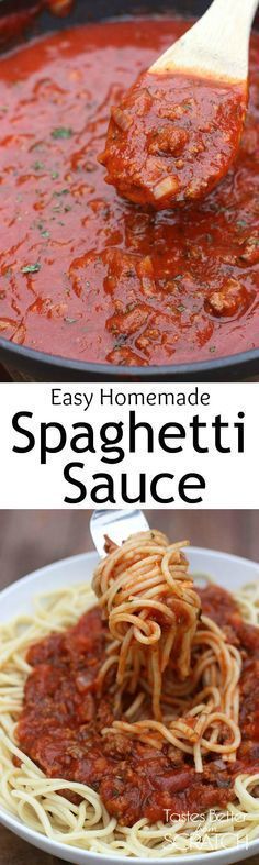 homemade spaghetti sauce in a skillet being stirred with a wooden spoon