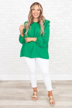 Make lasting memories while wearing this beauty! This top has a bold green color with ruffles along the sleeves that are so sweet! The flowy, classy fit is great for the office or even a date night! Style this top with some cute pants or skinnies for a sassy chic look! 100% Polyester Trendy Green Tops For Brunch, Trendy Green Top For Brunch, Trendy Green Blouse For Brunch, Trendy Green Blouse For Work, Green Stretch Blouse For Work, Green Ruffled Tops For Day Out, Green Stretch Top With Ruffles, Green Ruffle Sleeve Top For Spring, Green Ruffle Sleeve Tops For Fall