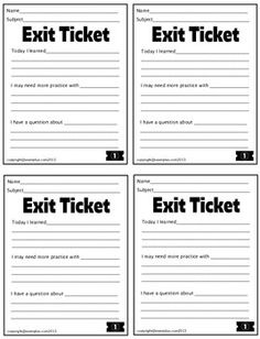 four printable exit tickets with the words exit ticket written in black and white on them