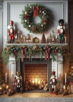 a fireplace decorated for christmas with candles and ornaments around it, including nutcrackers