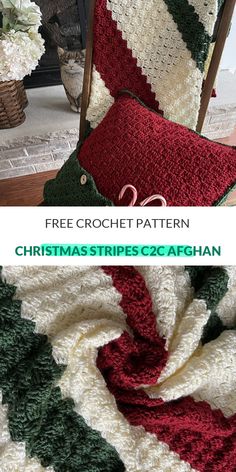 crocheted christmas stripes afghan with text overlay that says free crochet pattern