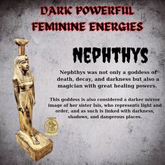 an egyptian statue with the words nephhys written below it in black and gold