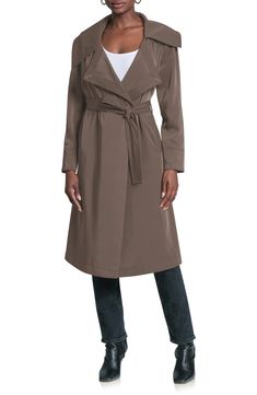 A showy collar and a graceful drape animate a softly styled trench coat you'll truly appreciate during the between season. 44 1/2" length (size Medium) Open front Notched lapels Front welt pockets Removable sash Partially lined 94% polyester, 6% spandex Dry clean Imported Elegant Taupe Outerwear For Fall, Elegant Long Spring Outerwear, Faux Fur Cropped Jacket, Nordstrom Store, Fabric Gifts, Free Fabric, Faux Fur Jacket, Crop Jacket, Fur Jacket