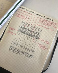 a notebook with some drawings on it and a ruler next to it that shows the structure of a bridge