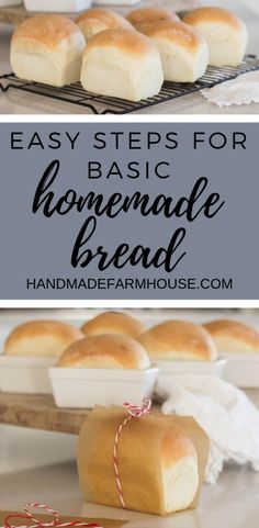 homemade bread on a cooling rack with the words, easy steps for basic homemade bread