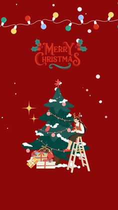 a red christmas card with a woman on a ladder next to a tree and presents