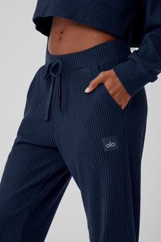 Meet the sweats you’ve seen all over your feed. They’re done in a plush, incredibly soft, wide-ribbed fabric that feels as good as it looks. The jogger-style silhouette is luxuriously cozy with a high-rise waistband and ankle cuffs. Make it a matching set with the Muse Hoodie. Casual Everyday Ribbed Bottoms, Athleisure Sweats With Ribbed Cuffs For Lounging, Athleisure Sweats For Lounging With Ribbed Cuffs, Fall Ribbed Athleisure Activewear, Ribbed Fall Athleisure Activewear, Alo Yoga Relaxed Fit Lounge Pants, Athleisure Ribbed Lounging Bottoms, Ribbed Athleisure Bottoms For Lounging, Casual Alo Yoga Bottoms With Ribbed Waistband