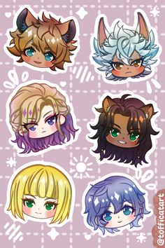 four anime style stickers with different hair colors and designs on the back of them