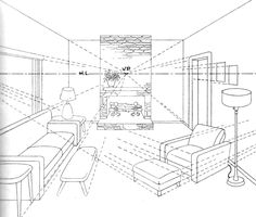 a drawing of a living room with couches and tables in it, as well as the floor plan