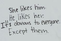 a piece of paper with writing on it that says, she likes him he likes her it's obvious to everyone except them