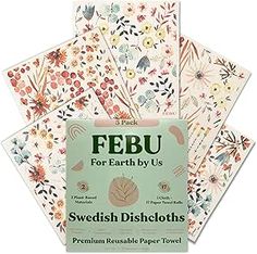 four sheets of paper with flowers and leaves on them, including the words febu for earth by us