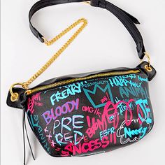 Brand New Black Graffiti Multicolor Waist Bag Trendy Multicolor Crossbody Belt Bag, Trendy Black Shoulder Bag For Streetwear, Trendy Multicolor Pouch Belt Bag, Trendy Multicolor Belt Bag With Adjustable Strap, Trendy Multicolor Belt Bag For Casual Use, Trendy Black Bags For Streetwear, Edgy Black Belt Bag For Everyday Use, Edgy Black Belt Bag For Everyday, Trendy Black Streetwear Bags