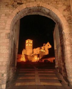 an archway leading to a building with a lit christmas tree