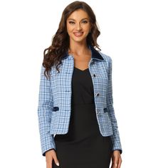 Retro and elegant, this blazer is styled with plaid tweed fabric. This vintage blazer designed with a velvet collar and a flap pocket, adds a touch of elegance to your wardrobe. Perfectly pair it with formal pencil skirts or long pants for a vintage and elegant look. A vintage but different stylish plaid tweed blazer is suitable for different occasions. White Tweed Jacket Outfit, Tweed Jacket Outfit, White Tweed Jacket, Short Blazer, Velvet Collar, Dressing Style, Blazer Blue, Blazer Designs, Rock Chic