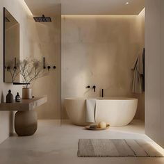 a bathroom with a tub, sink and mirror