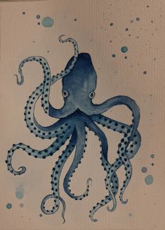 an octopus painted on paper with blue watercolors in it's body and tentacles