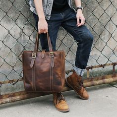 Men Tote Bag with Leather Strap Casual Tote Laptop Bag With Large Capacity, Casual Leather Bags For Everyday Use, Casual Rectangular Briefcase With Luggage Sleeve, Casual Large Capacity Tote Laptop Bag, Casual Leather Bag With Luggage Sleeve, Business Tote Shoulder Bag With Top Carry Handle, Casual Brown Travel Bag With Top Carry Handle, Briefcase With Adjustable Strap And Double Handle, Casual Leather Travel Bag, Rectangular