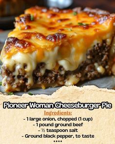 a piece of cheeseburger pie sitting on top of a plate with the recipe below it