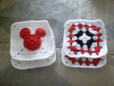 two crocheted coasters with red and white designs on them, one in the shape of mickey mouse