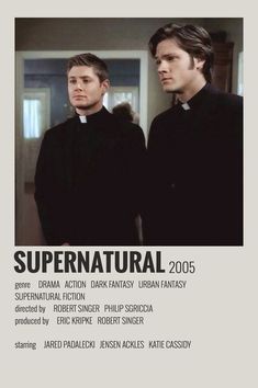 two men standing next to each other in front of a white background with the words supernatural on it