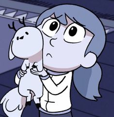 an animated image of a woman holding a dog