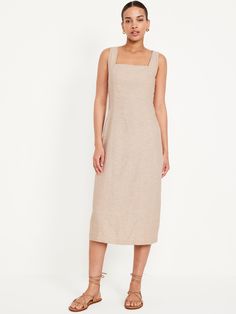 Sleeveless Square-Neck Midi Dress | Old Navy Linen Dress Pattern, Petite Midi Dress, Dress Square Neck, Midi Dress Plus Size, Feminine Blouses, Linen Midi Dress, Square Neck Dress, Apron Dress, Flattering Dresses