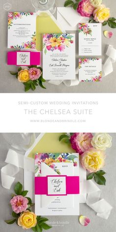 the wedding stationery is laid out on top of each other, with pink and yellow flowers