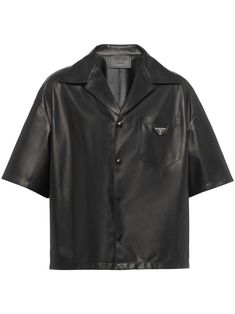 black nappa leather high-shine finish spread collar short sleeves front button fastening chest patch pocket logo plaque Leather Shirt Men, Prada Shirt, Bowling Shirt, Prada Leather, Leather Shirt, Triangle Logo, Bowling Shirts, Prada Men, Leather Shorts