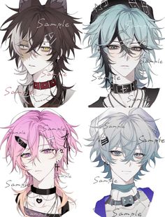 three anime characters with different colored hair and piercings on their ears, one is wearing black