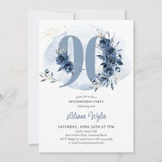 an elegant 90th birthday party card with blue flowers