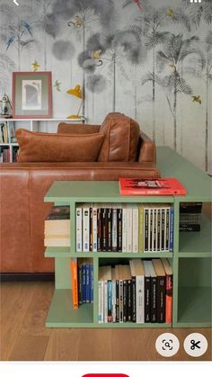 a living room with a couch, book shelf and bookshelf on the floor