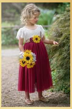 Burgundy sunflower flower girl drress Burgundy Tulle Dress, Burgundy Dress Short, Fall Sunflower Weddings, Yellow Flower Girl Dresses, Burgundy Flower Girl Dress, 4t Dress, Sunflower Themed Wedding, Party Attire, Burgundy Flowers