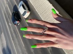 Long green acrylic nails, french nails colorful tips, french manicure with green tips, swarowski nail design, snake ring, summer nail ideas, green acrylics inspiration Summer Nail Ideas Green, Nails Colorful Tips, French Nails Colorful, Nail Ideas Green, Green Acrylics, Colorful Tips, Nails Colorful