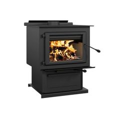 a black stove that is open and has flames in it's front door, on a white background