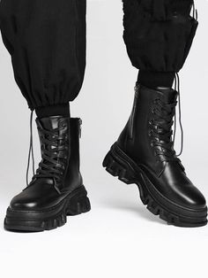 Men Minimalist Lace-Up Front Combat Boots, Fashion Outdoor Boots ,Style With Jeans Black     Plain Combat Boots   Men Shoes, size features are:Bust: ,Length: ,Sleeve Length: Combat Boots Outfit Men, Boots Outfit Men, Combat Boots Men, Combat Boots Style, Army Boots, Black Platform Boots, Black Combat Boots, Warm Shoes