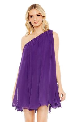 Purple one shoulder flowy chiffon short party dress. Cute Hoco Dresses, Junior Party Dresses, Chiffon Shorts, Designer Cocktail Dress, Short Party Dress, Short Homecoming Dress, Prom Girl, Mac Duggal, Hoco Dresses