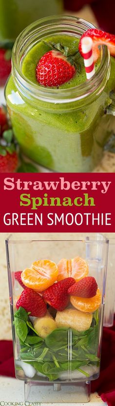 strawberry spinach green smoothie in a jar with strawberries