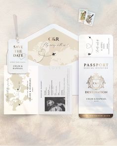 the wedding stationery is laid out and ready to be used as an envelope or save - the - date card