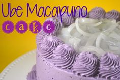 a purple cake with white frosting on top and the words ube maccapino cake above it