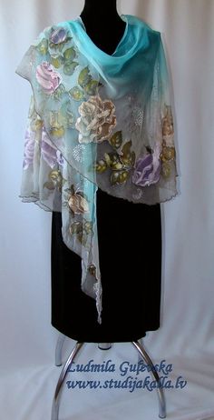 Monochrome Clothes, Silk Poncho, Clothes Iron, Turquoise Grey, Poncho Wrap, Hand Painted Fabric, Hand Painted Sarees, Silk Scarf Painting, Silk Outfit