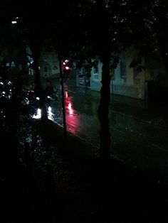 the street is dark and wet at night