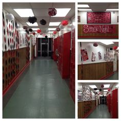 the hallway is decorated with red and black decorations for valentine's day or any other special occasion