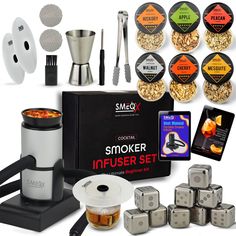 an assortment of kitchen gadgets are displayed in front of a box with the words smex on it