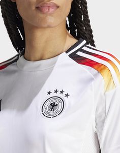 Embodying the spirit of German football. This adidas Germany home jersey combines all the symbols of the four-time world champions. An eagle feather-inspired design decorates the shoulders and embossed details taken from the DFB logo repeat across the front. Made for comfortable support, this shirt features moisture-managing AEROREADY and a woven badge.The main material of the DFB replica jersey is 100% recycled polyester excluding trimming and decoration. The material information on our website only refers to the main material of the jersey. adidas will update this additional information accordingly.• This model is 177 cm and wears a size S. Their chest measures 80 cm and the waist 63 cm.• Regular fit• Ribbed crewneck• 100% polyester (recycled)• Sides and lower back: 100% polyester (recyc Sports Wear Outfits, Football Calendar, Nike React Vision, 270 Nike, Football Training, An Eagle, Team Wear, Jd Sports, Football Boots