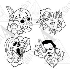 four masks with different designs on them, one has a skull and the other is a demon